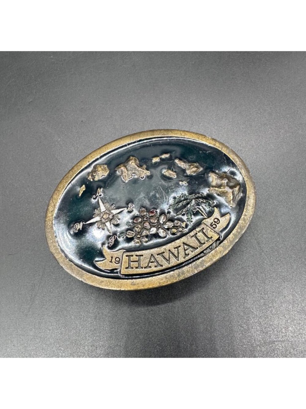 Vintage Hawaii Belt Buckle Indiana Metal Craft 1977 Compass Map Floral Blue Enam